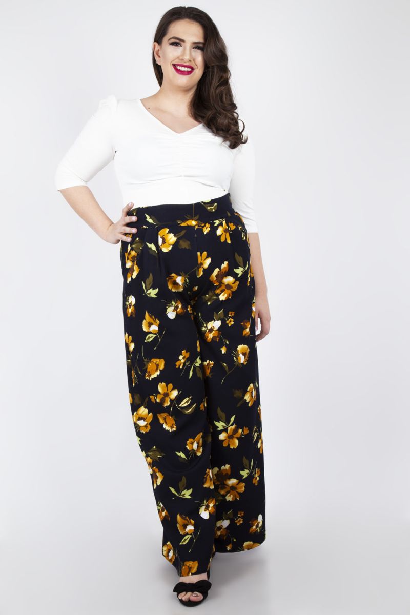Delores Ruffle Floral Wide Leg Waist Band Trousers | Hearts and Roses  London | SilkFred