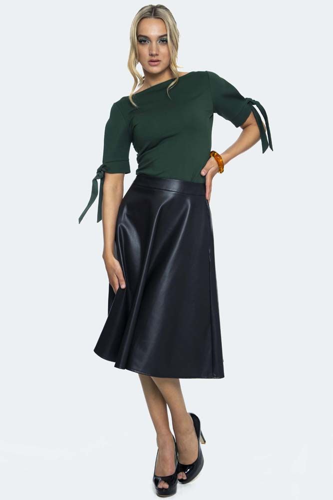 Bushra Black Faux Leather Flare Skirt | Vintage Inspired Fashion