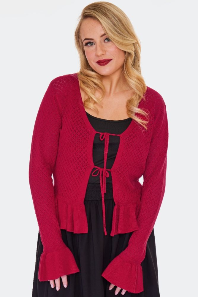 Red Tie Front Ruffle Cardigan