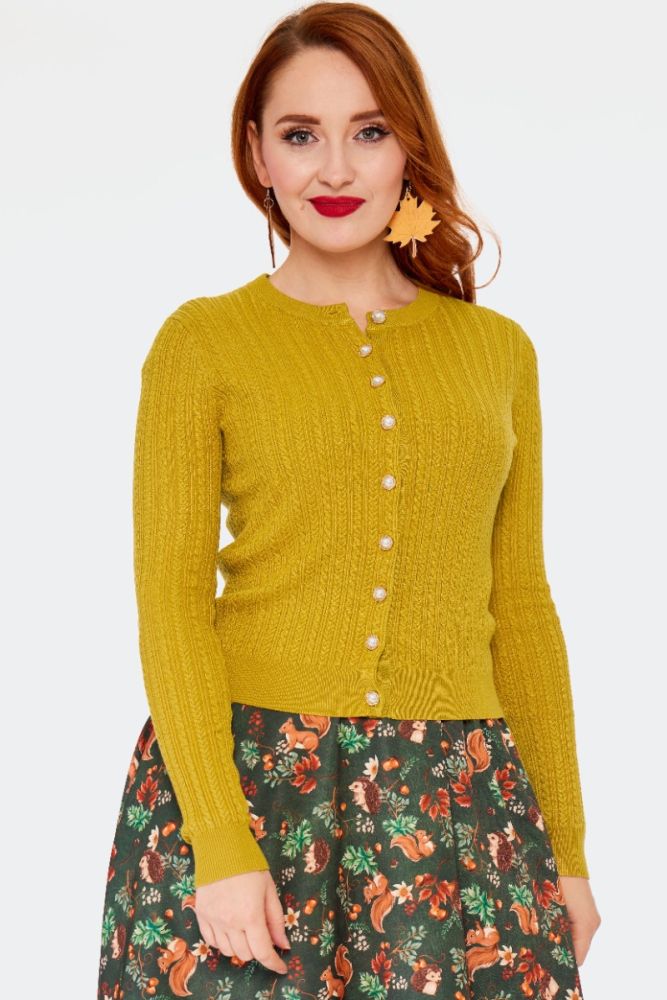 Mustard Pearl Button Textured Cardigan