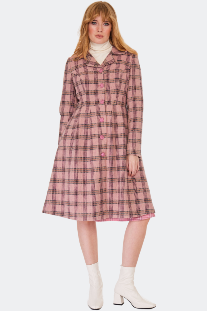 Pink Checked Flower Button Coat