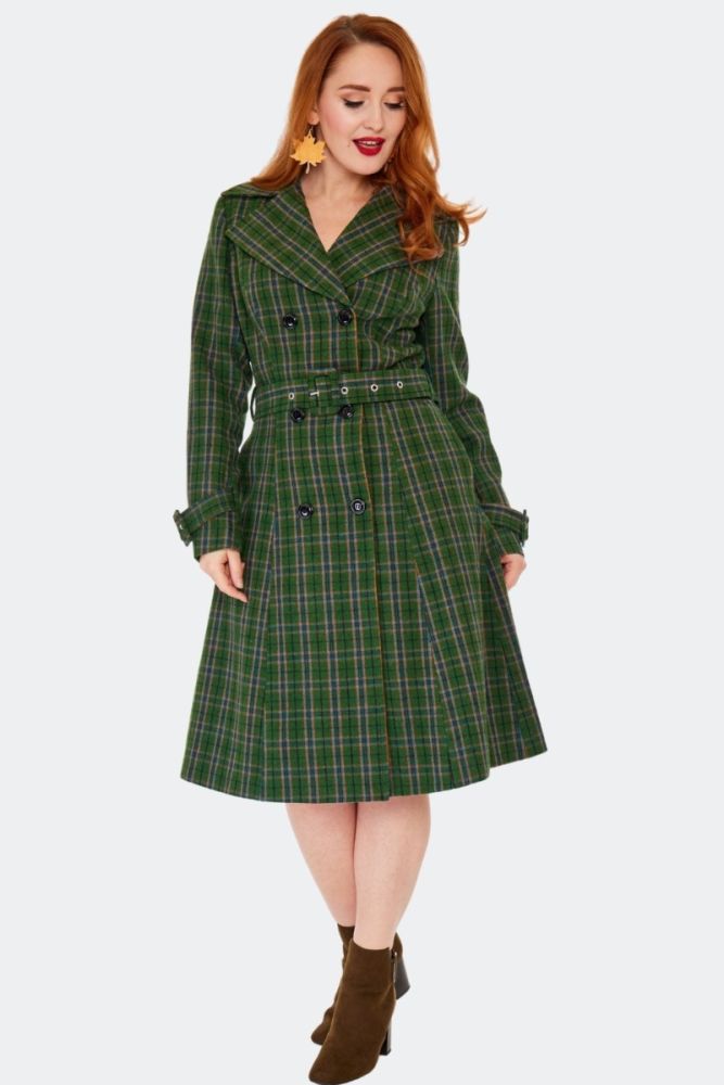 Green Plaid Belted Rain Coat