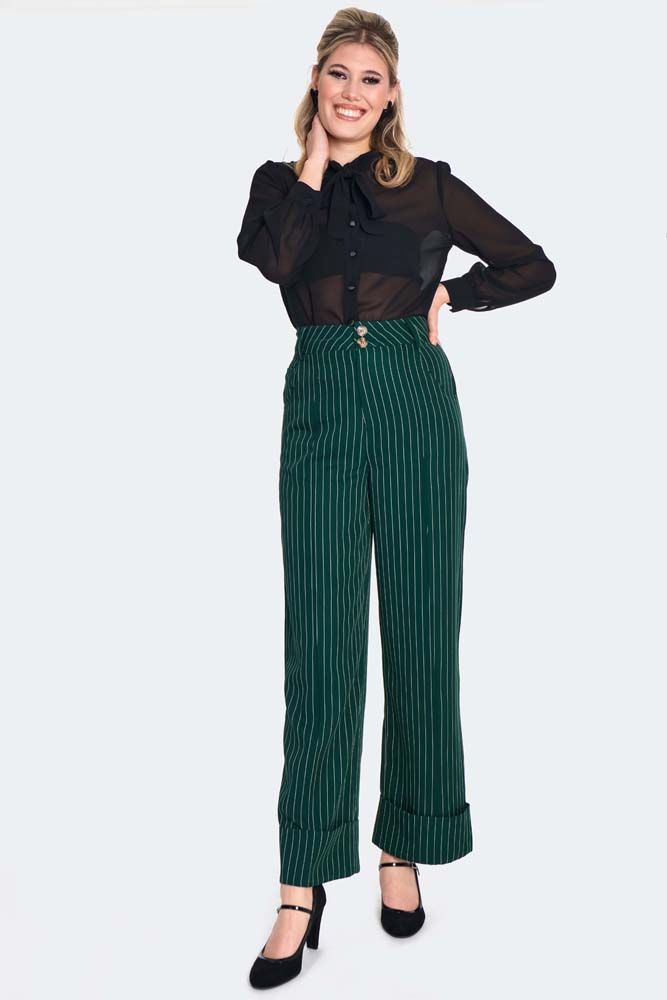 Green Pinstripe Turn Up Trousers