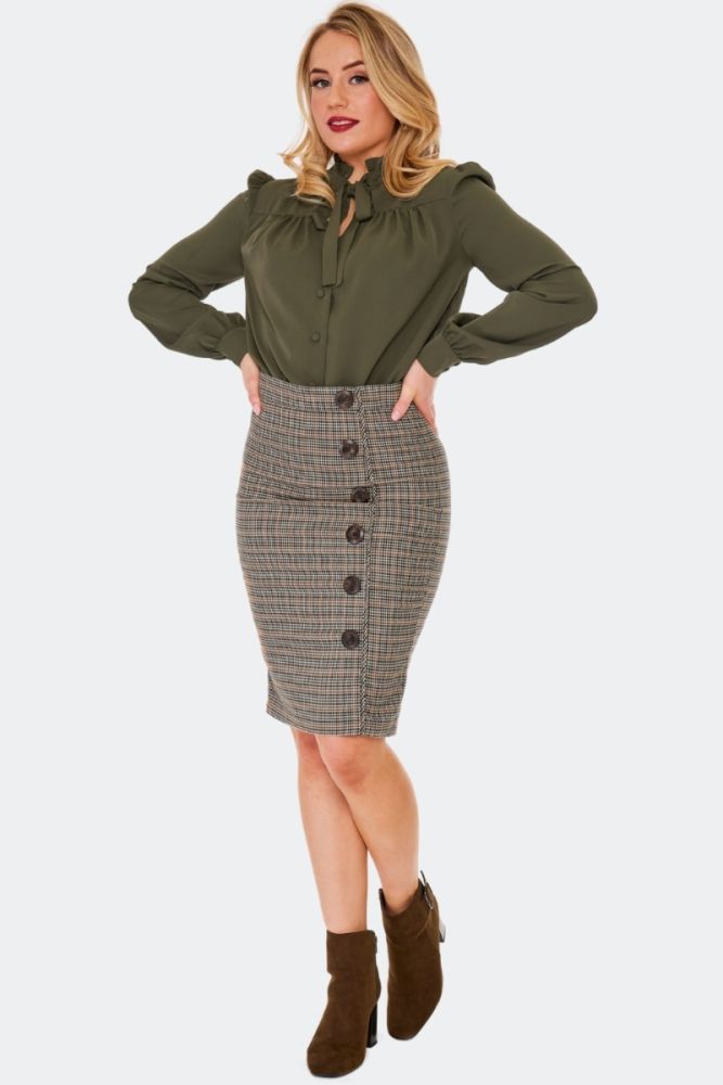 Button Detail Check Pencil Skirt