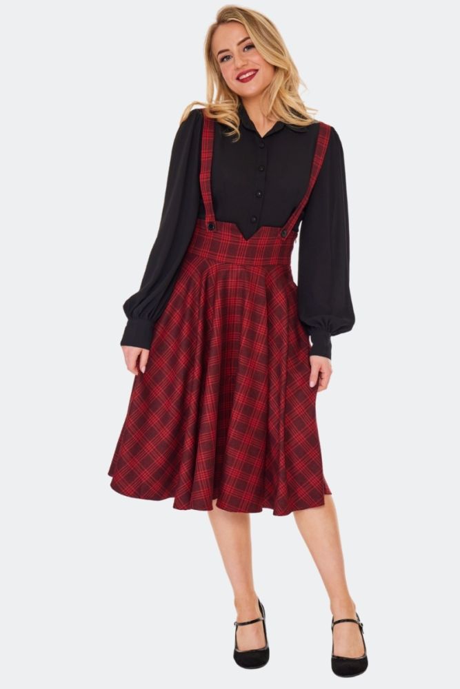 Plaid Removable Suspender Flare Skirt Red