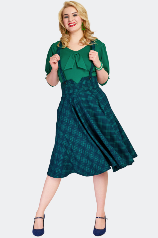 Plaid Removable Suspender Flare Skirt Green