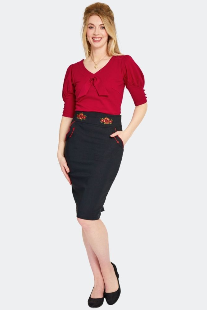 Rose Embroidered Pencil Skirt