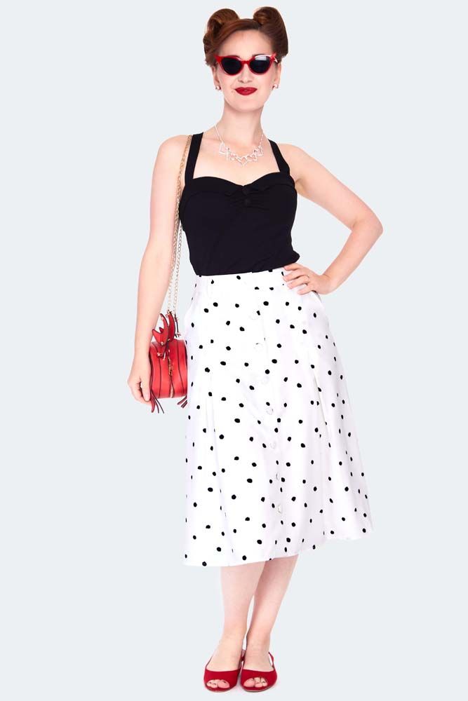 Black and white polka dot button front midi skirt