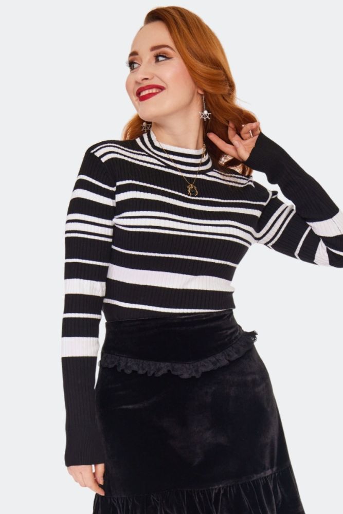 Striped High Neck Sweater Black and white