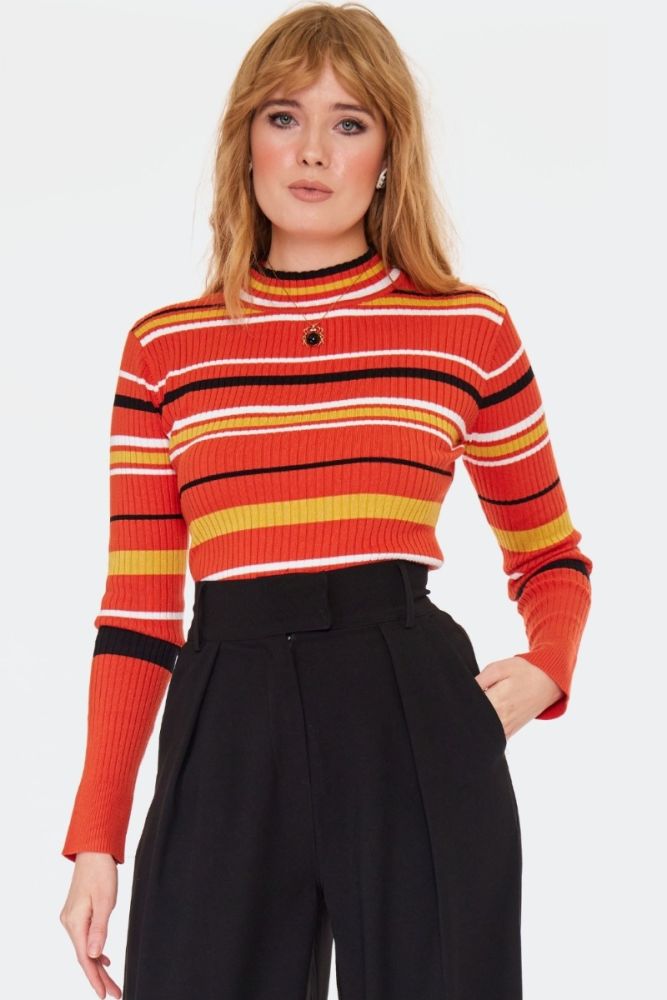 Orange Striped High Neck Sweater 