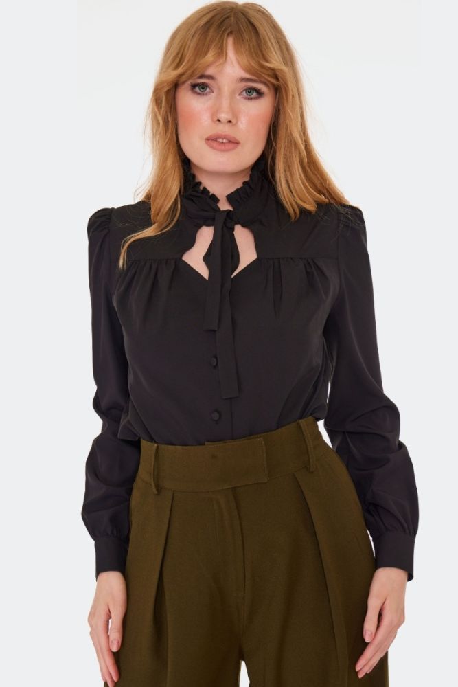 Tie Neck Long Sleeve Blouse Black