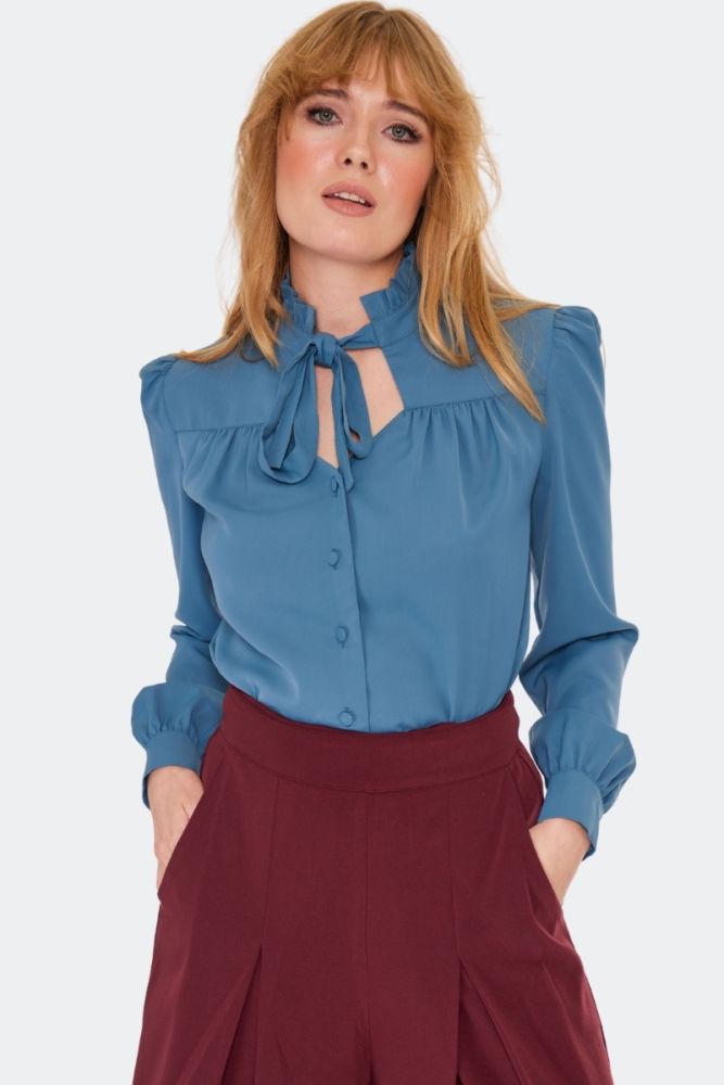 Blue Tie Neck Blouse