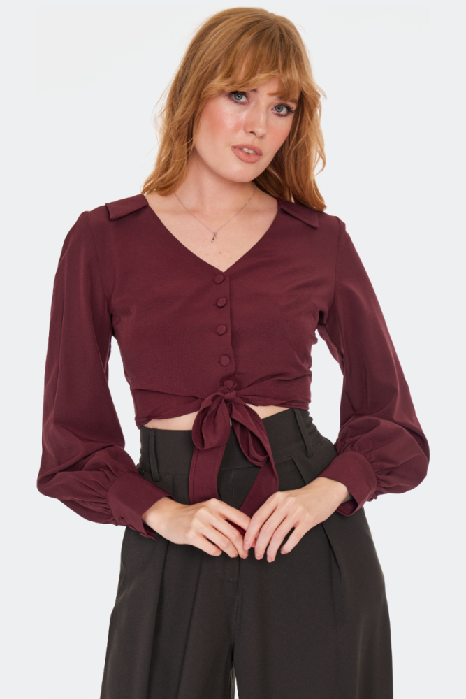 Tie Front Open Collar Blouse