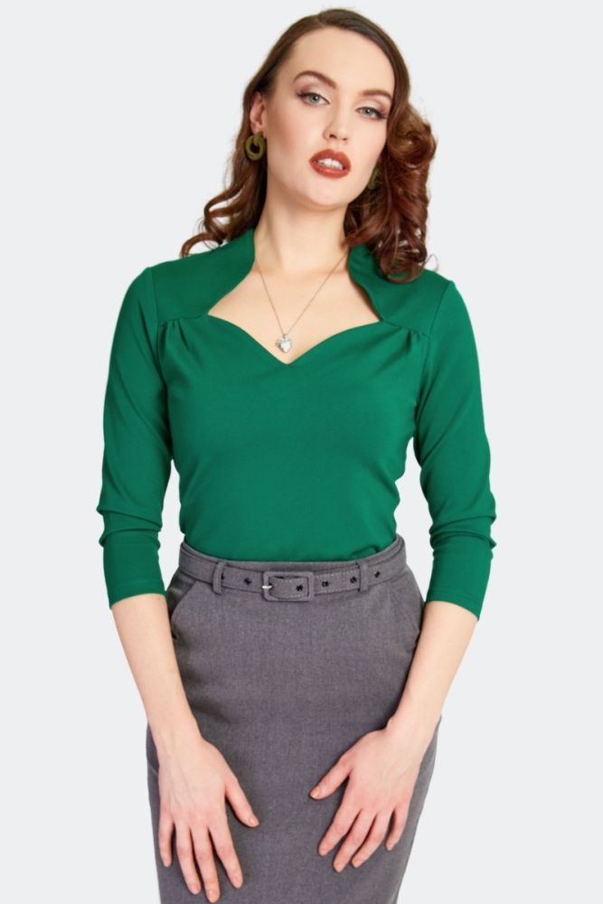 Sweetheart Neckline Jersery Knit Top Green