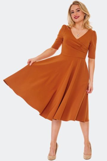 Orange Half Sleeves Flare Dress