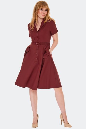 Burgundy Button Up Bow Detail Dress