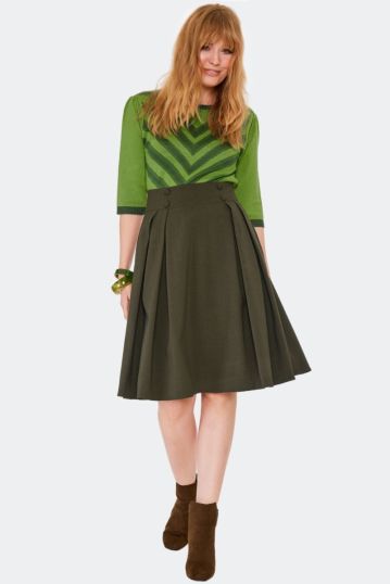 Button Waistband Pleated Flare Skirt Green