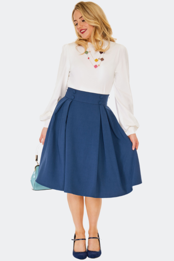 Button Waistband Pleated Flare Skirt Blue