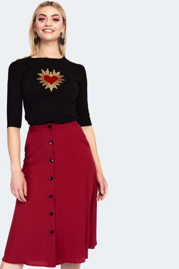 Curve Red Heart Button Midi Skirt
