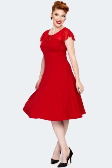 Red Tie Neck Overlay Flare Dress 