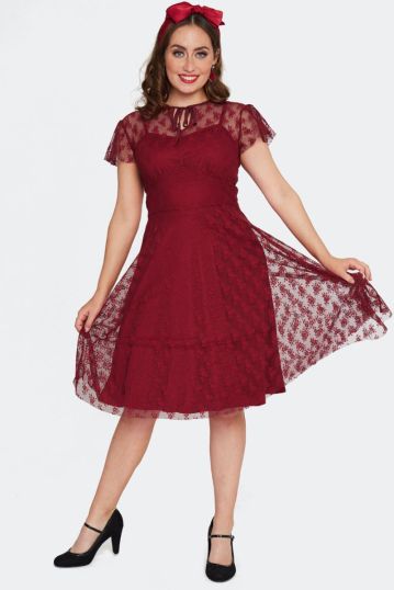 Red Floral Lace Flare Dress