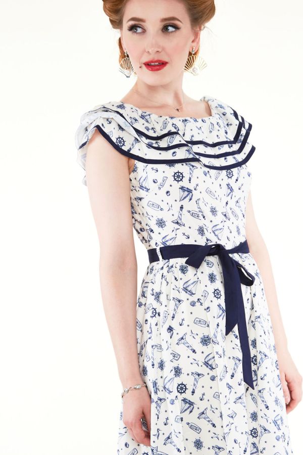 Magdalena Nautical Print Flared Dress | Vintage Inspired Fashion ...