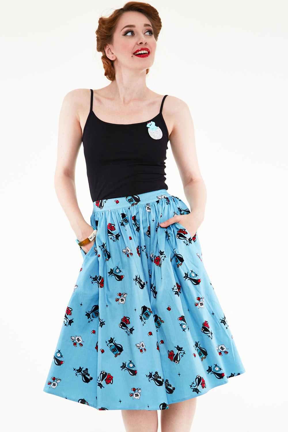 Harper Kitty Print Flare Skirt | Vintage Inspired Fashion 